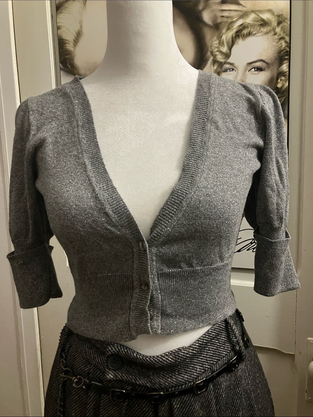 Suzy Shier Silver Gray Cropped V-Neck Button Cardigan